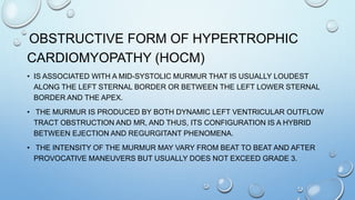 OBSTRUCTIVE FORM OF HYPERTROPHIC
CARDIOMYOPATHY (HOCM)
• IS ASSOCIATED WITH A MID-SYSTOLIC MURMUR THAT IS USUALLY LOUDEST
ALONG THE LEFT STERNAL BORDER OR BETWEEN THE LEFT LOWER STERNAL
BORDER AND THE APEX.
• THE MURMUR IS PRODUCED BY BOTH DYNAMIC LEFT VENTRICULAR OUTFLOW
TRACT OBSTRUCTION AND MR, AND THUS, ITS CONFIGURATION IS A HYBRID
BETWEEN EJECTION AND REGURGITANT PHENOMENA.
• THE INTENSITY OF THE MURMUR MAY VARY FROM BEAT TO BEAT AND AFTER
PROVOCATIVE MANEUVERS BUT USUALLY DOES NOT EXCEED GRADE 3.
 