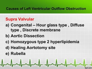 Causes of Left Ventricular Outflow Obstruction

Supra Valvular
a) Congenital – Hour glass type , Diffuse
type , Discrete membrane
b) Aortic Dissection
c) Homozygous type 2 hyperlipidemia
d) Healing Aortotomy site
e) Rubella

 
