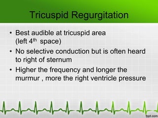 Tricuspid Regurgitation
• Best audible at tricuspid area
(left 4th space)
• No selective conduction but is often heard
to right of sternum
• Higher the frequency and longer the
murmur , more the right ventricle pressure

 