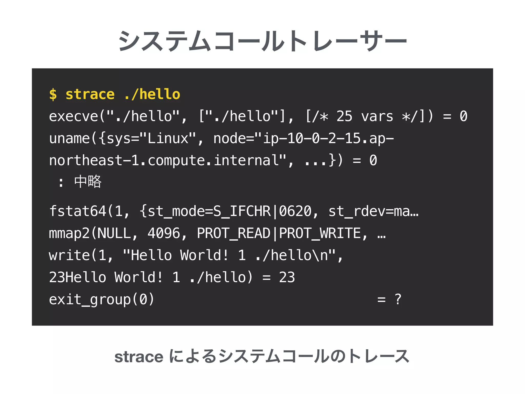 $ strace ./hello
execve("./hello", ["./hello"], [/* 25 vars */]) = 0
uname({sys="Linux", node="ip-10-0-2-15.ap-
northeast-1.compute.internal", ...}) = 0
:
fstat64(1, {st_mode=S_IFCHR|0620, st_rdev=ma…
mmap2(NULL, 4096, PROT_READ|PROT_WRITE, …
write(1, "Hello World! 1 ./hellon", 
23Hello World! 1 ./hello) = 23
exit_group(0) = ?
strace
 