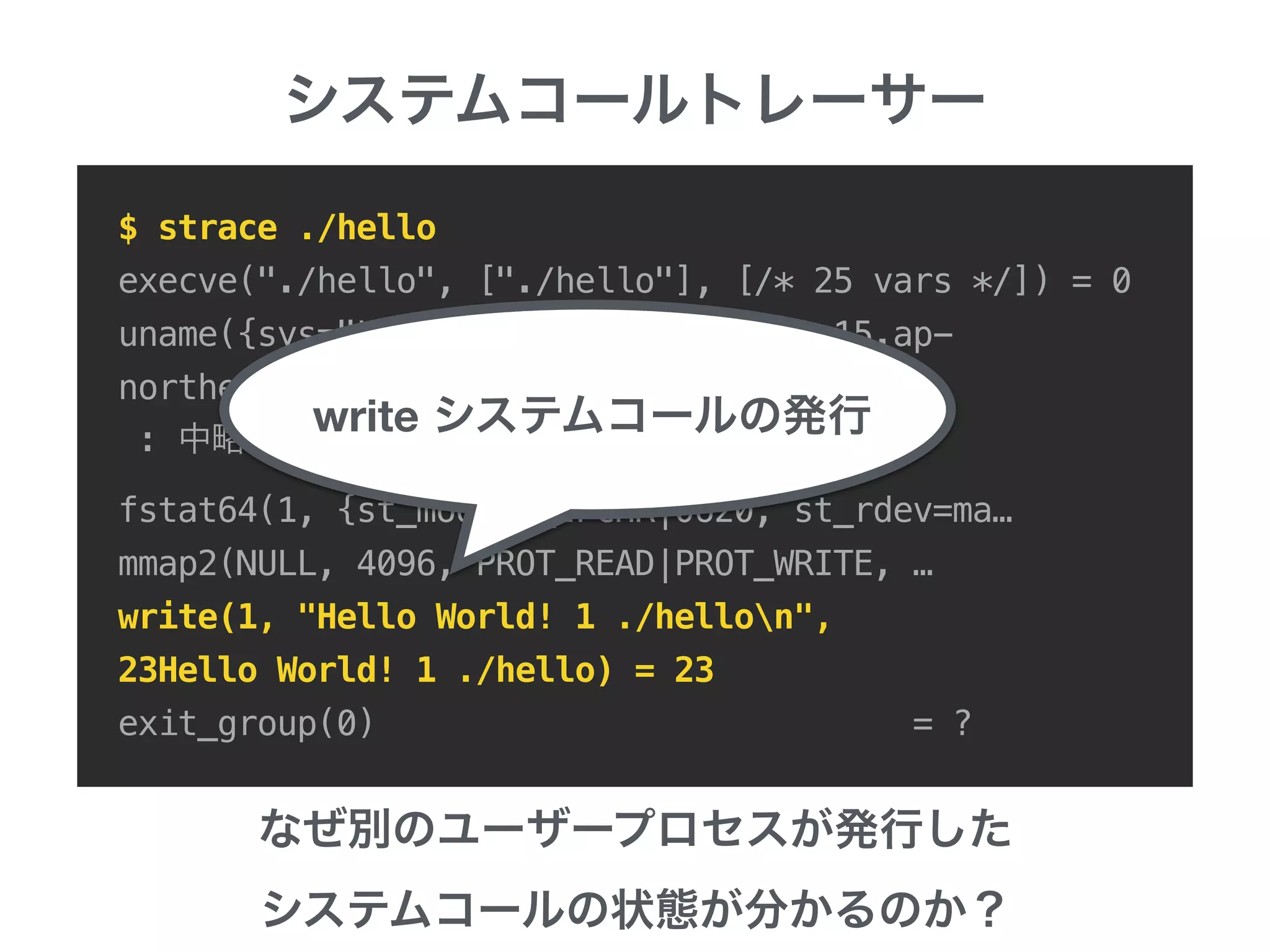 $ strace ./hello
execve("./hello", ["./hello"], [/* 25 vars */]) = 0
uname({sys="Linux", node="ip-10-0-2-15.ap-
northeast-1.compute.internal", ...}) = 0
:
fstat64(1, {st_mode=S_IFCHR|0620, st_rdev=ma…
mmap2(NULL, 4096, PROT_READ|PROT_WRITE, …
write(1, "Hello World! 1 ./hellon", 
23Hello World! 1 ./hello) = 23
exit_group(0) = ?
write
 