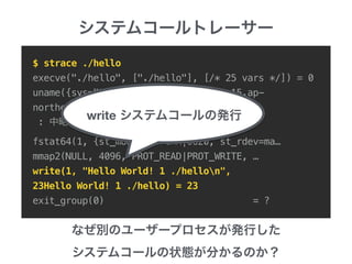 $ strace ./hello
execve("./hello", ["./hello"], [/* 25 vars */]) = 0
uname({sys="Linux", node="ip-10-0-2-15.ap-
northeast-1.compute.internal", ...}) = 0
:
fstat64(1, {st_mode=S_IFCHR|0620, st_rdev=ma…
mmap2(NULL, 4096, PROT_READ|PROT_WRITE, …
write(1, "Hello World! 1 ./hellon", 
23Hello World! 1 ./hello) = 23
exit_group(0) = ?
write
 