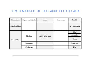 SYSTEMATIQUE DE LA CLASSE DES OISEAUXSYSTEMATIQUE DE LA CLASSE DES OISEAUX
CoqCarinates
ManchotImpennes
Emeu
Autruche
Kiwi
AptérygiformesRatites
Néornithes
ArchéoptéryxArchéornithes
FamilleSous ordreordreSuper ordre (act)Sous classe
 