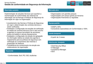 Serviços SysValue

Gestão da conformidade em Segurança da Informação
Descrição sumária
Implementação de soluções técnicas que suportem a
monitorização da conformidade dos sistemas de
informação com as Normas e Políticas de Segurança da
Informação em vigor na Organização:
• Levantamento das Normas e Políticas de Segurança
em vigor e determinação dos controlos técnicos a
serem verificados
• Instalação e configuração de soluções de verificação
do estado de controlos técnicos (com e sem recurso
a agentes) no parque tecnológico de servidores,
postos de trabalho e demais equipamentos
• Instalação e configuração de solução de agregação
de informação relativa ao estado dos agentes e
mapeamento para as políticas de segurança com
verificação do cumprimento das mesmas e
preparação de relatórios
• Transferência de conhecimento da solução aos
colaboradores da organização
Keywords

Auditoria e
Peritagem

Consultoria

Formação

Integração
de
Soluções

Exploração
de
DataCenters
da SysValue

Gestão de
Infra-estruturas
e Serviços

Mercado-alvo
• Organizações com grandes parques
• Organizações com parque gerido por terceiros
• Organizações financeiras ou reguladas

Equipa-padrão
• CISSP a 50%
• Consultores especialistas em Conformidade a 100%
Janela temporal
• A partir de 3 meses
Interlocutor desejado
• Chief Security Officer
• IT Manager
• Compliance Manager
• CEO

• Conformidade, SoX, PCI, ISO, Auditorias

© SysValue 2013 – Confidencial.

11

 
