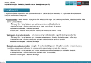 Serviços SysValue

Implementação de soluções técnicas de segurança (2)

Auditoria e
Peritagem

Consultoria

Formação

Integração
de
Soluções

Exploração
de
DataCenters
da SysValue

Gestão de
Infra-estruturas
e Serviços

Descrição sumária
A especialização e experiência dos quadros técnicos da SysValue dotam a mesma da capacidade de implementar
soluções, isoladas ou integradas:
• Wireless LANs – redes wireless avançadas com detecção de rogue APs, alta disponibilidade, cifra end-to-end, entre
outras funcionalidades
• Mercado-alvo – organizações que queiram promover mobilidade interna
• Janela Temporal – 3 dias mais crescimento linear com número de antenas
• Interlocutor desejado – Network Manager
• Cross-sell – possível cross-sell com solução de controlo de acesso à rede
• Optimização de circuitos de dados – soluções de compressão de dados e gestão de largura de banda
• Mercado-alvo – organizações com redes alargadas ou com circuitos dedicados para o estrangeiro
• Janela Temporal – 3 dias mais 2 dias por cada ponto remoto a partir do primeiro
• Interlocutor desejado – Network Manager
• Detecção/prevenção de intrusões – soluções de análise de tráfego com detecção, baseadas em assinaturas ou
heurísticas, de ataques realizados via rede de dados e eventual prevenção dos mesmos
• Mercado-alvo – organizações com muitos outsourcers ou interligações com entidades terceiras
• Janela Temporal – 3 dias mais 2 dias por cada troço monitorizado
• Interlocutor desejado – Network Manager

© SysValue 2013 – Confidencial.

19

 