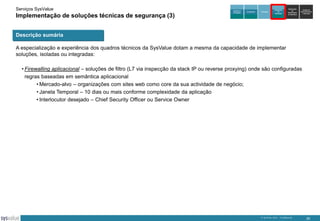 Serviços SysValue

Implementação de soluções técnicas de segurança (3)

Auditoria e
Peritagem

Consultoria

Formação

Integração
de
Soluções

Exploração
de
DataCenters
da SysValue

Gestão de
Infra-estruturas
e Serviços

Descrição sumária
A especialização e experiência dos quadros técnicos da SysValue dotam a mesma da capacidade de implementar
soluções, isoladas ou integradas:
• Firewalling aplicacional – soluções de filtro (L7 via inspecção da stack IP ou reverse proxying) onde são configuradas
regras baseadas em semântica aplicacional
• Mercado-alvo – organizações com sites web como core da sua actividade de negócio;
• Janela Temporal – 10 dias ou mais conforme complexidade da aplicação
• Interlocutor desejado – Chief Security Officer ou Service Owner

© SysValue 2013 – Confidencial.

20

 