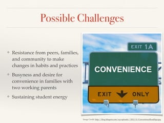 Possible Challenges
❖ Resistance from peers, families,
and community to make
changes in habits and practices
❖ Busyness and desire for
convenience in families with
two working parents
❖ Sustaining student energy
Image Credit: http://blog.ldiagent.com/wp-uploads//2012/11/ConvenienceRoadSign.jpg
 