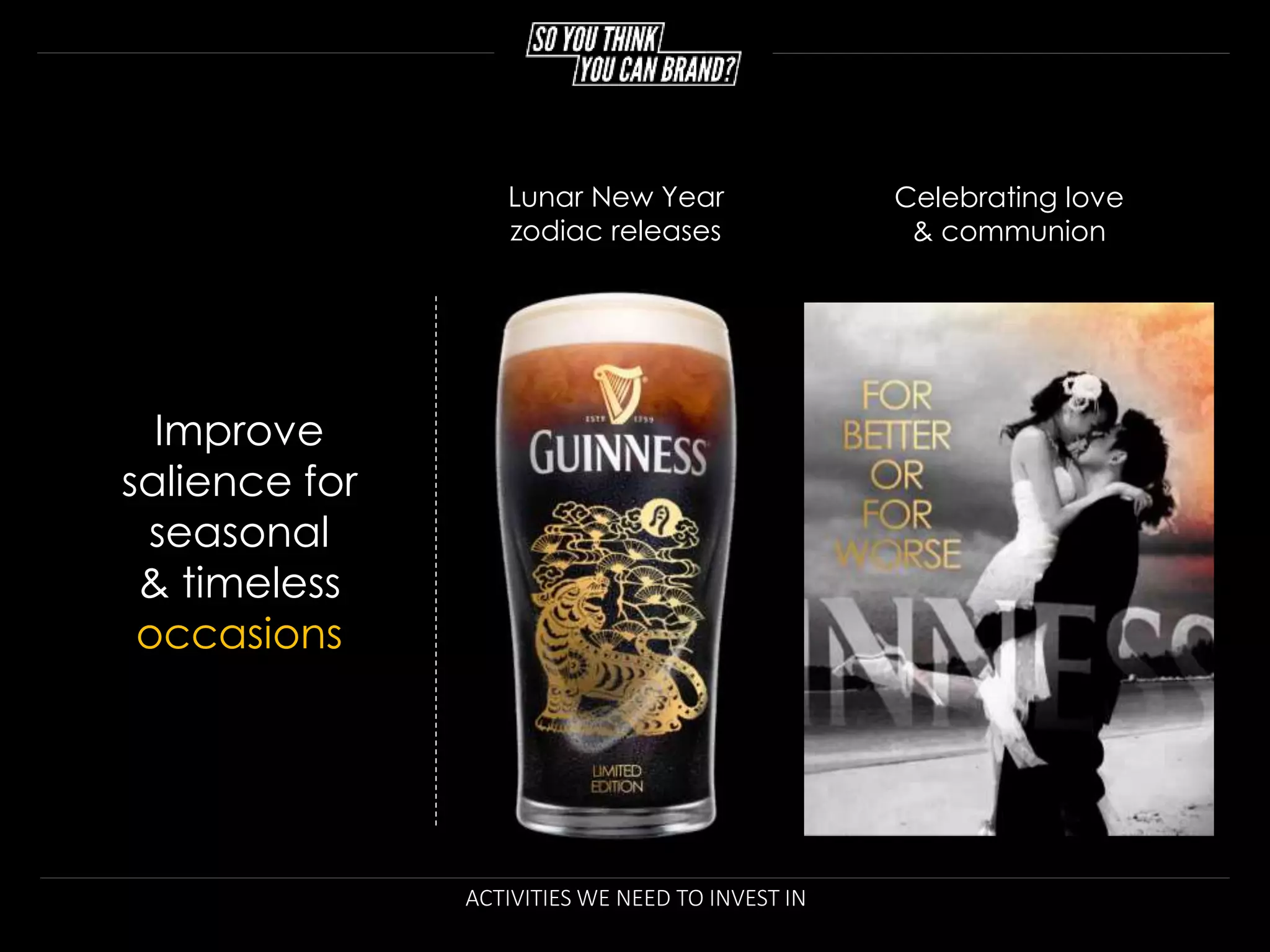 ACTIVITIES WE NEED TO INVEST IN
Improve
salience for
seasonal
& timeless
occasions
Lunar New Year
zodiac releases
Celebrating love
& communion
 