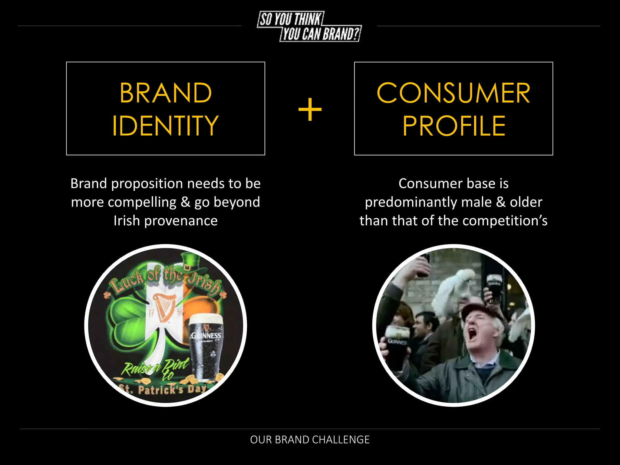 OUR BRAND CHALLENGE
BRAND
IDENTITY
Brand proposition needs to be
more compelling & go beyond
Irish provenance
CONSUMER
PROFILE
Consumer base is
predominantly male & older
than that of the competition’s
+
 