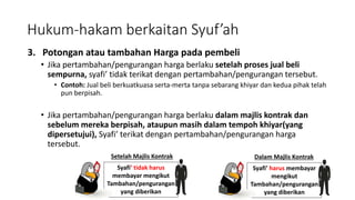 Hukum-hakam berkaitan Syuf’ah
3. Potongan atau tambahan Harga pada pembeli
• Jika pertambahan/pengurangan harga berlaku setelah proses jual beli
sempurna, syafi’ tidak terikat dengan pertambahan/pengurangan tersebut.
• Contoh: Jual beli berkuatkuasa serta-merta tanpa sebarang khiyar dan kedua pihak telah
pun berpisah.
• Jika pertambahan/pengurangan harga berlaku dalam majlis kontrak dan
sebelum mereka berpisah, ataupun masih dalam tempoh khiyar(yang
dipersetujui), Syafi’ terikat dengan pertambahan/pengurangan harga
tersebut.
Dalam Majlis Kontrak
Syafi’ harus membayar
mengikut
Tambahan/pengurangan
yang diberikan
Setelah Majlis Kontrak
Syafi’ tidak harus
membayar mengikut
Tambahan/pengurangan
yang diberikan
 