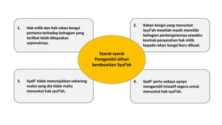 3. Syafi’ tidak menunjukkan sebarang
reaksi yang dia tidak mahu
menuntut hak syuf’ah.
4. Syafi’ perlu sedaya upaya
mengambil inisiatif segera untuk
menuntut hak syuf’ah.
2. Rakan kongsi yang menuntut
Syuf’ah mestilah masih memiliki
bahagian perkongsiannya sewaktu
kontrak penyerahan hak milik
kepada rakan kongsi baru dibuat.
1. Hak milik dan hak rakan kongsi
pertama terhadap bahagian yang
terlibat telah dilepaskan
sepenuhnya.
Syarat-syarat
Pemgambil alihan
berdasarkan Syuf’ah
 