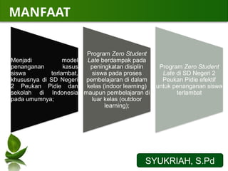 MANFAAT
SYUKRIAH, S.Pd
Menjadi model
penanganan kasus
siswa terlambat,
khususnya di SD Negeri
2 Peukan Pidie dan
sekolah di Indonesia
pada umumnya;
Program Zero Student
Late berdampak pada
peningkatan disiplin
siswa pada proses
pembelajaran di dalam
kelas (indoor learning)
maupun pembelajaran di
luar kelas (outdoor
learning);
Program Zero Student
Late di SD Negeri 2
Peukan Pidie efektif
untuk penanganan siswa
terlambat
 