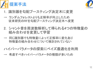 提案手法
1. 識別器を勾配ブースティング決定木に変更
→ ランダムフォレストよりも正解率が向上したため
従来研究のRFを勾配ブースティング決定木へ変更
2. シャント音を周波数解析して得られる4つの特徴量の
組み合わせを変更して学習
→ 同じ識別器でも特徴量によって正解率に変化あり
特徴量の組み合わせについて検討されていない
ハイパーパラメータの探索にベイズ最適化を利用
→ 考慮すべきハイパーパラメータの種類が多いため
12
 