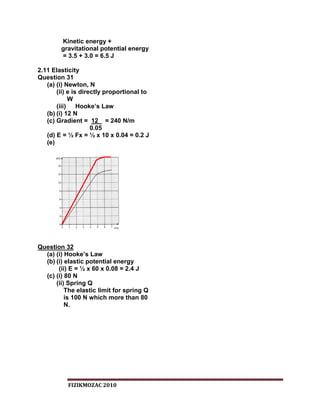 Kinetic energy +
        gravitational potential energy
        = 3.5 + 3.0 = 6.5 J

2.11 Elasticity
Question 31
   (a) (i) Newton, N
       (ii) e is directly proportional to
            W
       (iii) Hooke’s Law
   (b) (i) 12 N
   (c) Gradient = 12 = 240 N/m
                     0.05
   (d) E = ½ Fx = ½ x 10 x 0.04 = 0.2 J
   (e)




Question 32
  (a) (i) Hooke’s Law
  (b) (i) elastic potential energy
       (ii) E = ½ x 60 x 0.08 = 2.4 J
  (c) (i) 80 N
      (ii) Spring Q
          The elastic limit for spring Q
          is 100 N which more than 80
          N.




           FIZIKMOZAC 2010
 