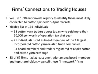 •We use 1898 nationwide registry to identify those most likely connected to cotton spinners’ output markets 
•Yielded list of 154 individuals 
–98 cotton yarn traders across Japan who paid more than 50,000 yen worth of operation tax that year 
–25 individuals listed as board members of the 4 largest incorporated cotton yarn-related trade companies 
–31 board members and traders registered at Osaka cotton and cotton yarn exchange 
•33 of 67 firms had at least one trader among board members and top shareholders—we call these “in-network” firms 
Firms’ Connections to Trading Houses  