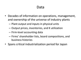 Data 
•Decades of information on operations, management, and ownership of the universe of industry plants 
–Plant output and inputs in physical units 
–Output prices, inventories, and K utilization 
–Firm-level accounting data 
–Firms’ shareholder lists, board compositions, and business histories 
•Spans critical industrialization period for Japan  