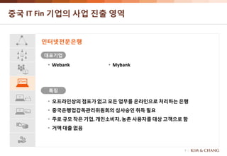 7
• 오프라인상의점포가 없고 모든 업무를 온라인으로처리하는 은행
• 중국은행업감독관리위원회의 심사승인 취득 필요
• 주로 규모 작은 기업, 개인소비자, 농촌 사용자를 대상 고객으로 함
• 거액 대출 없음
중국 IT Fin 기업의 사업 진출 영역
인터넷전문은행
대표기업
특징
• Webank
bank
• Mybank
 