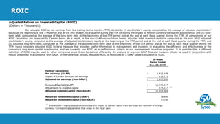 Form of calculation:
Net earnings (GAAP) $ 1,813,038
Impact of Certain Items on net earnings 119,171
Adjusted net earnings (Non-GAAP) $ 1,932,209
Invested Capital (GAAP) $ 11,049,847
Adjustments to invested capital 275,517 (1)
Adjusted invested capital (Non-GAAP) $ 11,325,364
Return on investment capital (GAAP) 16.4%
Return on investment capital (Non-GAAP) 17.1%
(1)
Shareholder's equity adjustments include the impact of Certain Items from earnings and removal of foreign
currency translation adjustments that arose in the fiscal year.
26-Week
Period Ended
Dec. 28, 2019
ROIC
We calculate ROIC as net earnings from the trailing twelve months (TTM) divided by (i) stockholder’s equity, computed as the average of adjusted stockholders’
equity at the beginning of the TTM period and at the end of each fiscal quarter during the TTM excluding the impact of foreign currency translation adjustments; and (ii) long-
term debt, computed as the average of the long-term debt at the beginning of the TTM period and at the end of each fiscal quarter during the TTM. All components of our
ROIC calculation are impacted by Certain Items. As a result, in the non-GAAP reconciliation below, adjusted total invested capital is computed as the sum of (i) adjusted
stockholder’s equity, computed as the average of adjusted stockholders’ equity at the beginning of the TTM period and at the end of each fiscal quarter during the TTM; and
(ii) adjusted long-term debt, computed as the average of the adjusted long-term debt at the beginning of the TTM period and at the end of each fiscal quarter during the
TTM. Sysco considers adjusted ROIC to be a measure that provides useful information to management and investors in evaluating the efficiency and effectiveness of the
company's long-term capital investments, and we currently use ROIC as a performance criteria in our management incentive programs. It is possible that a different
definition of ROIC may be used by other companies since it can be defined differently. An analysis of any non-GAAP financial measure should be used in conjunction with
results presented in accordance with GAAP. In the table that follows, Adjusted ROIC is reconciled to a GAAP based calculation of ROIC.
Adjusted Return on Invested Capital (ROIC)
(Dollars in Thousands)
 