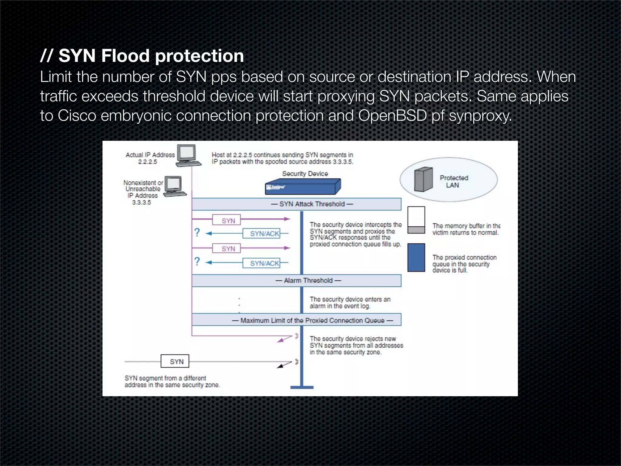 // SYN Flood protection 
Limit the number of SYN pps based on source or destination IP address. When 
traffic exceeds threshold device will start proxying SYN packets. Same applies 
to Cisco embryonic connection protection and OpenBSD pf synproxy. 
 