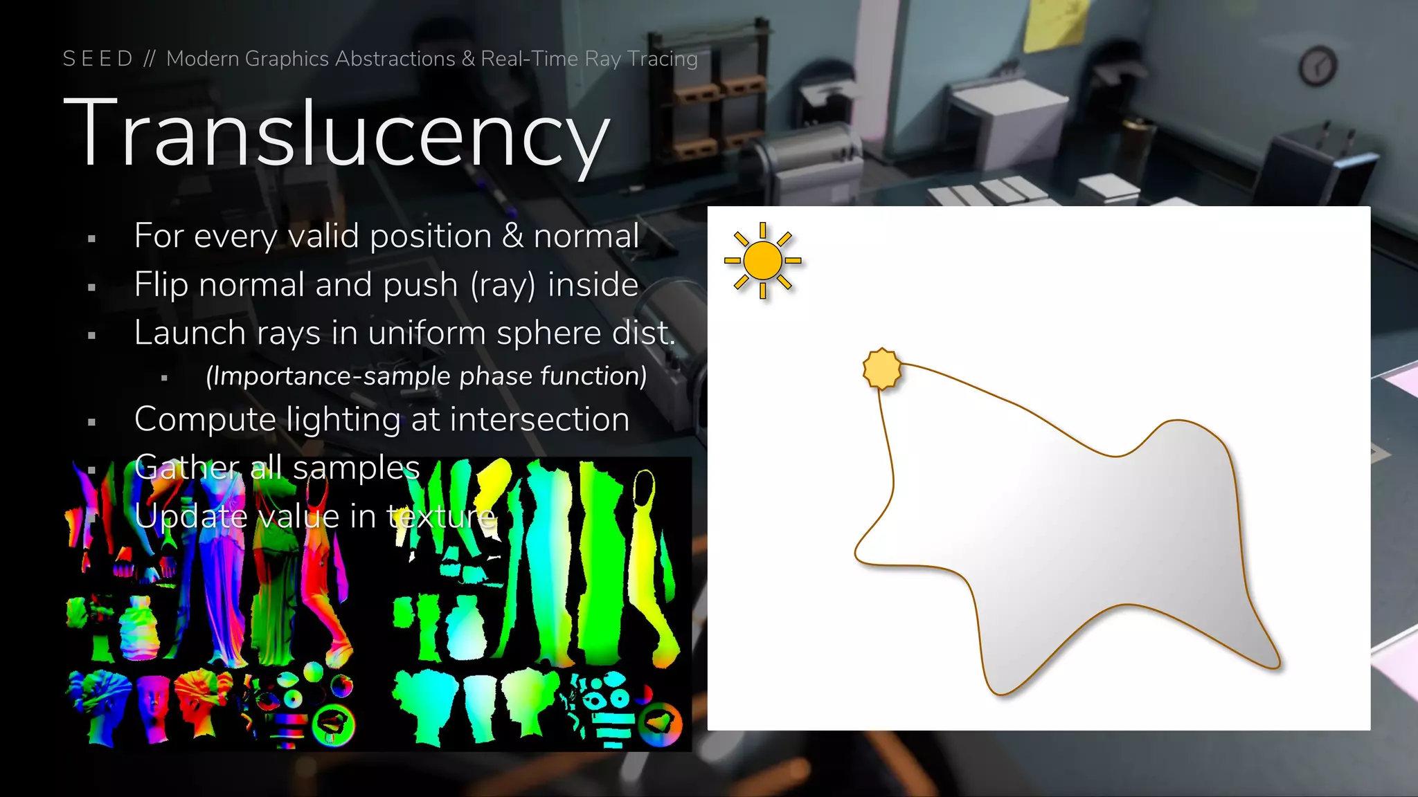 Translucency
▪ For every valid position & normal
▪ Flip normal and push (ray) inside
▪ Launch rays in uniform sphere dist.
▪ (Importance-sample phase function)
▪ Compute lighting at intersection
▪ Gather all samples
▪ Update value in texture
S E E D // Modern Graphics Abstractions & Real-Time Ray Tracing
 