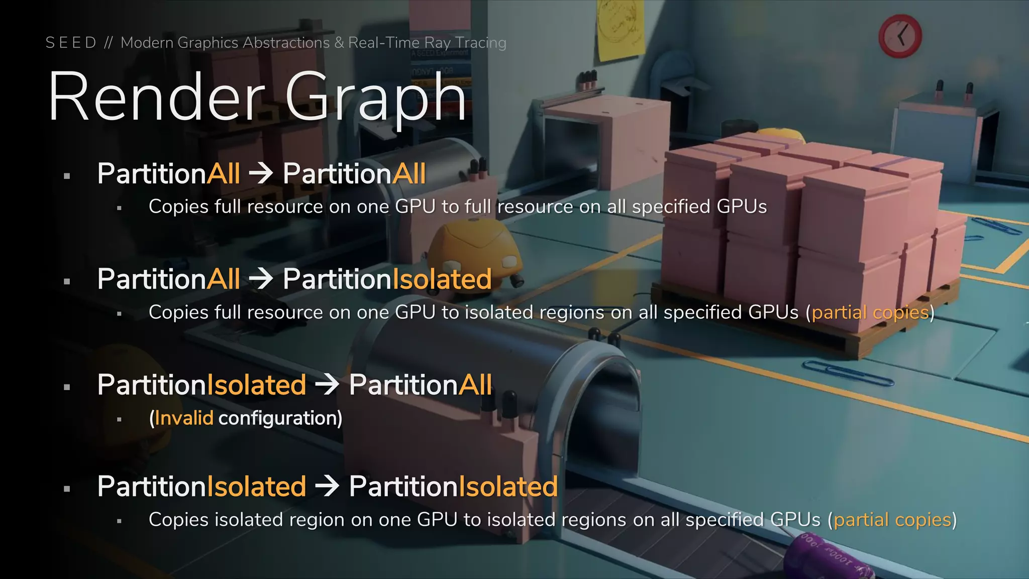 Render Graph
S E E D // Modern Graphics Abstractions & Real-Time Ray Tracing
▪ PartitionAll → PartitionAll
▪ Copies full resource on one GPU to full resource on all specified GPUs
▪ PartitionAll → PartitionIsolated
▪ Copies full resource on one GPU to isolated regions on all specified GPUs (partial copies)
▪ PartitionIsolated → PartitionAll
▪ (Invalid configuration)
▪ PartitionIsolated → PartitionIsolated
▪ Copies isolated region on one GPU to isolated regions on all specified GPUs (partial copies)
 