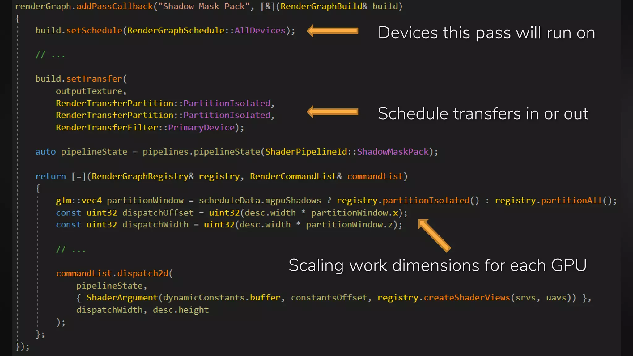 Devices this pass will run on
Schedule transfers in or out
Scaling work dimensions for each GPU
 