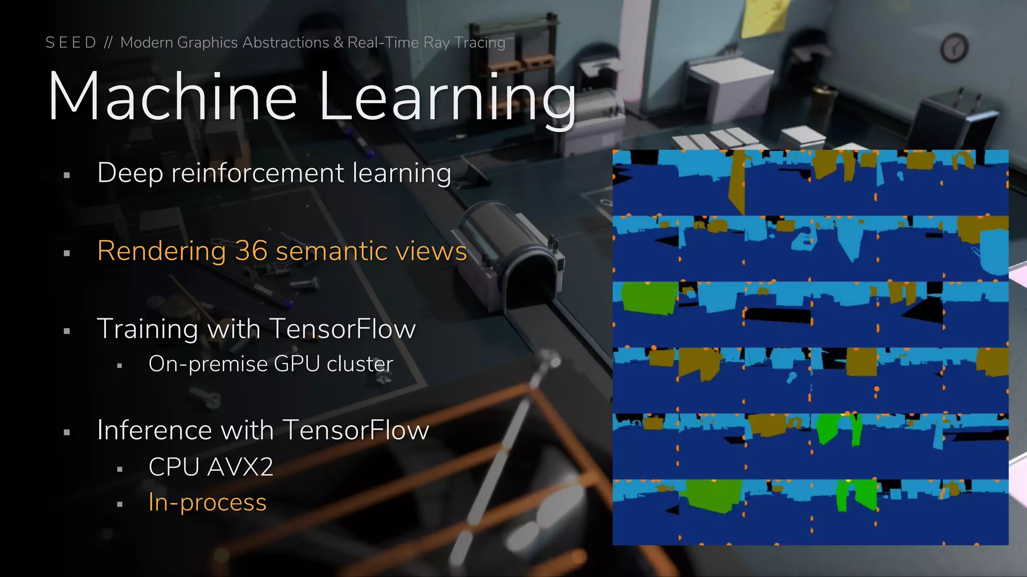 Machine Learning
▪ Deep reinforcement learning
▪ Rendering 36 semantic views
▪ Training with TensorFlow
▪ On-premise GPU cluster
▪ Inference with TensorFlow
▪ CPU AVX2
▪ In-process
S E E D // Modern Graphics Abstractions & Real-Time Ray Tracing
 