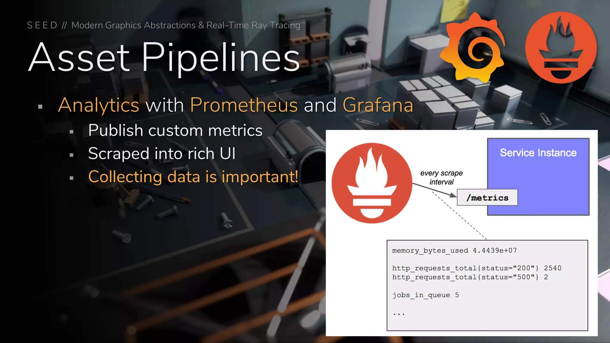 Asset Pipelines
▪ Analytics with Prometheus and Grafana
▪ Publish custom metrics
▪ Scraped into rich UI
▪ Collecting data is important!
S E E D // Modern Graphics Abstractions & Real-Time Ray Tracing
 