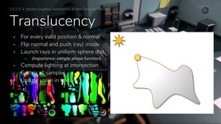 Translucency
▪ For every valid position & normal
▪ Flip normal and push (ray) inside
▪ Launch rays in uniform sphere dist.
▪ (Importance-sample phase function)
▪ Compute lighting at intersection
▪ Gather all samples
▪ Update value in texture
S E E D // Modern Graphics Abstractions & Real-Time Ray Tracing
 