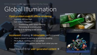 Global Illumination
▪ Open problem even in offline rendering
▪ Variance still too high
▪ Can reduce frequency
▪ Prefiltering, path-space filtering
▪ Denoising & reconstruction
▪ Pinhole GI & lighting is not solved
▪ Incoherent shading → intractable performance
▪ Have to resort to caching to amortize shading
▪ PICA PICA: caching of GI via surfels
▪ Some issues: only spawn surfels from what you see
▪ Need to solve GI for user-generated content →
[Ritchell 2011]
S E E D // Modern Graphics Abstractions & Real-Time Ray Tracing
 