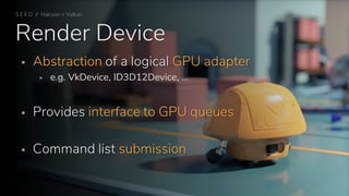 Render Device
S E E D // Halcyon + Vulkan
▪ Abstraction of a logical GPU adapter
▪ e.g. VkDevice, ID3D12Device, …
▪ Provides interface to GPU queues
▪ Command list submission
 