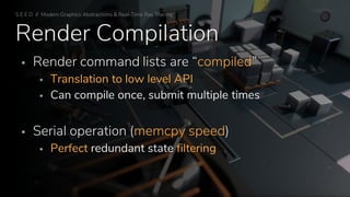 Render Compilation
▪ Render command lists are “compiled”
▪ Translation to low level API
▪ Can compile once, submit multiple times
▪ Serial operation (memcpy speed)
▪ Perfect redundant state filtering
S E E D // Modern Graphics Abstractions & Real-Time Ray Tracing
 