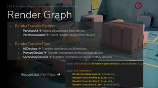 Render Graph
S E E D // Modern Graphics Abstractions & Real-Time Ray Tracing
▪ RenderTransferPartition
▪ PartitionAll → Select all partitions from device
▪ PartitionIsolated → Select isolated region from device
▪ RenderTransferFilter
▪ AllDevices → Transfer completes on all devices
▪ PrimaryDevice → Transfer completes on the primary device
▪ SecondaryDevices → Transfer completes on all secondary devices
Requested Per Pass →
 