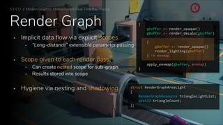 Render Graph
S E E D // Modern Graphics Abstractions & Real-Time Ray Tracing
▪ Implicit data flow via explicit scopes
▪ “Long-distance” extensible parameter passing
▪ Scope given to each render pass
▪ Can create nested scope for sub-graph
▪ Results stored into scope
▪ Hygiene via nesting and shadowing
{
gbuffer <- render_opaque()
gbuffer <- render_decals(gbuffer)
{
gbuffer <- render_opaque()
render_lighting(gbuffer)
} -> envmap
apply_envmap(gbuffer, envmap)
}
struct RenderGraphAreaLight
{
RenderGraphResource triangleLightList;
uint32 triangleCount;
};
 