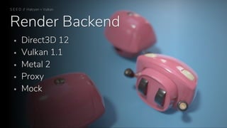 Render Backend
S E E D // Halcyon + Vulkan
▪ Direct3D 12
▪ Vulkan 1.1
▪ Metal 2
▪ Proxy
▪ Mock
 