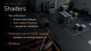Shaders
▪ No reflection
▪ Avoid costly lookups
▪ Only explicit bindings
▪ … except for validation
▪ Extensive use of HLSL spaces
▪ Updates at varying frequency
▪ Bindless
S E E D // Halcyon + Vulkan
 