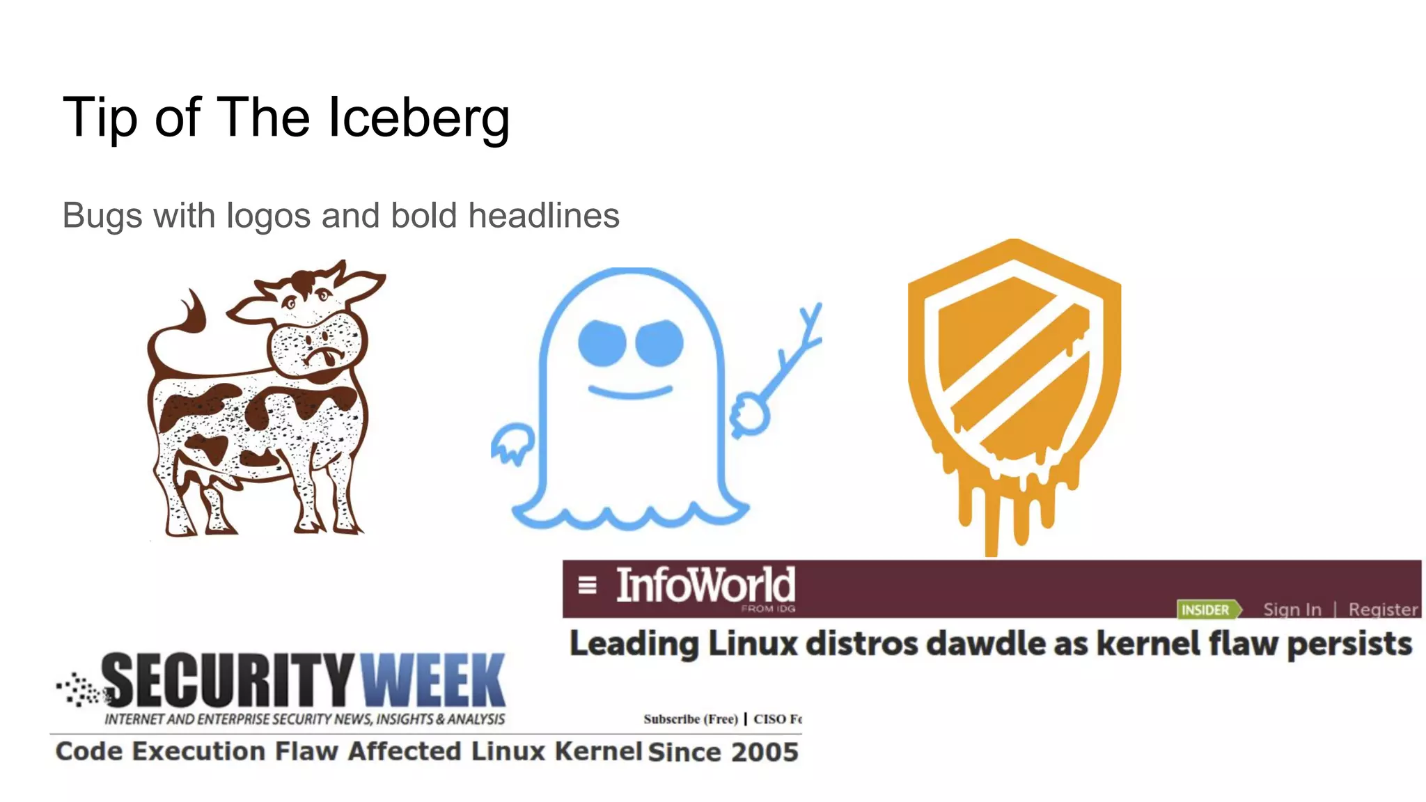 Tip of The Iceberg
Bugs with logos and bold headlines
 