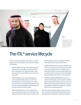 5
Syzygal professional
training helps career
focused individuals
differentiate them-
selves and build suc-
cessful careers.
TheITIL®servicelifecycle
The ITIL: 2011 Service Lifecycle is often shown in a cyclical
diagram with five distinct phases that represent the stages
in the lifecycle.
•	 SERVICE STRATEGY focuses on the thinking processes
and can be seen as the‘Why?’of the lifecycle. Why is
this IT organisation here? Why should these custom-
ers/users buy our services? Why do our services meet
their needs?
•	 SERVICE DESIGN focuses on the holistic design of
services and performance, often seen as the‘How?’
of the lifecycle. How should we design our services?
How will it fit into our existing architectures? How will
we resource the build, deployment and management?
How will it meet our customer’s needs?
•	 SERVICE TRANSITION focuses on the stability of the
live environments and can be seen as the‘When?’and
‘Who?’of the lifecycle. When should we transition into
live? Who will be involved in the deployment? Who
will be affected by the new/amended service?
•	 SERVICE OPERATION focuses on day-to-day delivery of
IT Services; it can be seen as the engine room of IT and
very much the‘What?’of the service lifecycle. What
performance levels do we need to deliver? What activi-
ties need to be done to keep services live and healthy?
What if something goes wrong or a user needs help?
•	 CONTINUAL SERVICE IMPROVEMENT focuses on all
activities in the lifecycle to ensure we have a continual
review and improvement culture. It can be seen as the
‘Where?’of the service lifecycle. Where do we see life-
cycle difficulties? Where are we against our strategy?
Where can we make improvements?
Viewing IT service in a lifecycle allows a more holistic and
joined-up view of how IT Service Providers deliver value to
their organisation and help them achieve their objectives.
 