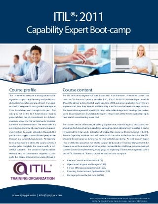Course content
The ITIL Service Management Expert Boot-camp is an intensive, three-week course that
uses the ITIL Service Capability Modules (PPO, SOA, OSA & RCV) and the Expert module
(MALC) to deliver a deep level of understanding of ITIL processes and roles, how they are
implemented, how they interact and how they transform and enhance the organisation.
The Service Management Expert Boot-camp will enable delegates to develop their profes-
sional knowledge from foundation to expert in two thirds of the time it would normally
take; and at a considerably lower cost.
The course consists of lectures, detailed group exercises, extensive group discussions, ex-
amination technique training, practice examinations and culminates in invigilated exams
throughout the final week. Delegates attending this course will be immersed in the ITIL
Service Capability modules and will understand the value to the business that the ITIL
Service Lifecycle process, functions and their activities can bring. As well as an in-depth
review of the key processes needed to support best practice IT Service Management the
course reviews the associated activities, roles, responsibilities, challenges, risks and critical
success factors for implementing, managing and improving IT Service Management based
on the ITIL framework. The courses covered in this boot-camp are:
•• Release, Control and Validation (RCV)
•• Operational Support and Analysis (OSA)
•• Service Offerings and Agreements (SOA)
•• Planning, Protection and Optimisation (PPO)
•• Managing Across the Lifecycle (MALC)
This three-week intensive training course is de-
signed to support rapid learning and profession-
al development at an enhanced level. Our expe-
rienced training consultants guide the delegates
from foundation level through to Expert. This
course is not for the faint-hearted and requires
personal stamina and commitment to a fully im-
mersive experience that will demand considera-
ble effort and determination. The entire delivery
process is underpinned by our learning manage-
ment system to guide delegates through the
process and supports consolidated progression
through to a successful conclusion. All examina-
tions are completed within the course schedule
so delegates complete the course with a suc-
cessful outcome. The amount of personal de-
termination and commitment required to com-
plete this course should not be underestimated.
Course profile
ITIL®:2011
CapabilityExpertBoot-camp
www.syzygal.com | info@syzygal.com
ITIL® is a registered trade mark of AXELOS Limited. The Swirl logo™ is a trade mark of AXELOS
Limited. The Accredited Training Organisation logo is a trade mark of AXELOS Limited.
 