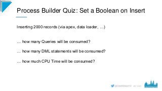 #CD19
Process Builder Quiz: Set a Boolean on Insert
Inserting 2000 records (via apex, data loader, …)
… how many Queries w...