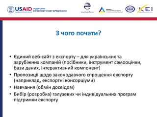 З чого почати?
• Єдиний веб-сайт з експорту – для українських та
зарубіжних компаній (посібники, інструмент самооцінки,
бази даних, інтерактивний компонент)
• Пропозиції щодо законодавчого спрощення експорту
(наприклад, експортні консорціуми)
• Навчання (обмін досвідом)
• Вибір (розробка) галузевих чи індивідуальних програм
підтримки експорту
 