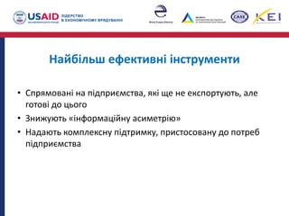 Найбільш ефективні інструменти
• Спрямовані на підприємства, які ще не експортують, але
готові до цього
• Знижують «інформаційну асиметрію»
• Надають комплексну підтримку, пристосовану до потреб
підприємства
 