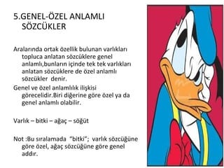 5.GENEL-ÖZEL ANLAMLI SÖZCÜKLER Aralarında ortak özellik bulunan varlıkları topluca anlatan sözcüklere genel anlamlı,bunların içinde tek tek varlıkları anlatan sözcüklere de özel anlamlı sözcükler  denir. Genel ve özel anlamlılık ilişkisi görecelidir.Biri diğerine göre özel ya da genel anlamlı olabilir. Varlık – bitki – ağaç – söğüt  Not :Bu sıralamada  “bitki”;  varlık sözcüğüne göre özel, ağaç sözcüğüne göre genel addır.  