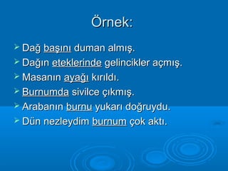 ÖÖrrnneekk:: 
 DDaağğ bbaaşşıınnıı dduummaann aallmmıışş.. 
 DDaağğıınn eetteekklleerriinnddee ggeelliinncciikklleerr aaççmmıışş.. 
MMaassaannıınn aayyaağğıı kkıırrııllddıı.. 
 BBuurrnnuummddaa ssiivviillccee ççııkkmmıışş.. 
 AArraabbaannıınn bbuurrnnuu yyuukkaarrıı ddooğğrruuyydduu.. 
 DDüünn nneezzlleeyyddiimm bbuurrnnuumm ççookk aakkttıı.. 
 