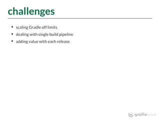 challenges
scaling Gradle off limits
dealing with single build pipeline
adding value with each release
 