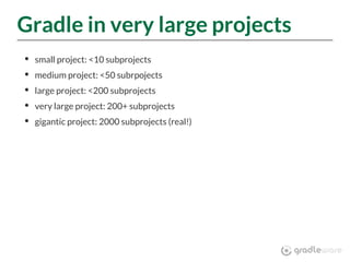 Gradle in very large projects
small project: <10 subprojects
medium project: <50 subrpojects
large project: <200 subprojects
very large project: 200+ subprojects
gigantic project: 2000 subprojects (real!)
 
