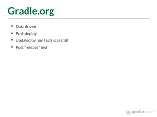 Gradle.org
Data driven
Push deploy
Updated by non technical staff
Post “release” test
 