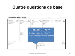 Quatre questions de base 
12 
COMBIEN ? 
Combien cela va coûter ? 
Quels revenus cela va générer ? 
Trouver sa proposition de valeur 
 
