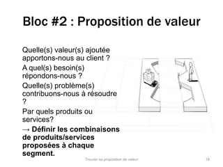 Bloc #2 : Proposition de valeur 
Quelle(s) valeur(s) ajoutée 
apportons-nous au client ? 
A quel(s) besoin(s) 
répondons-nous ? 
Quelle(s) problème(s) 
contribuons-nous à résoudre 
? 
Par quels produits ou 
services? 
→ Définir les combinaisons 
de produits/services 
proposées à chaque 
segment. 
Trouver sa proposition de valeur 18 
 