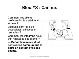 Bloc #3 : Canaux 
Comment vos clients 
préfèrent-ils être atteints et 
acheter? 
Lesquels sont les plus 
accessibles, efficaces et 
rentables ? 
Comment les intégrons-nous 
aux habitudes des clients ? 
→ Définir la manière dont 
l’entreprise communique et 
entre en contact avec ses 
clients. 
Trouver sa proposition de valeur 19 
 